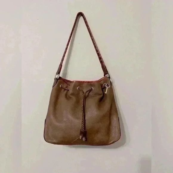 Vintage Fossil Brown Hobo Leather Bucket Shoulder Woven Handle Drawstring Bag - Picture 1 of 16